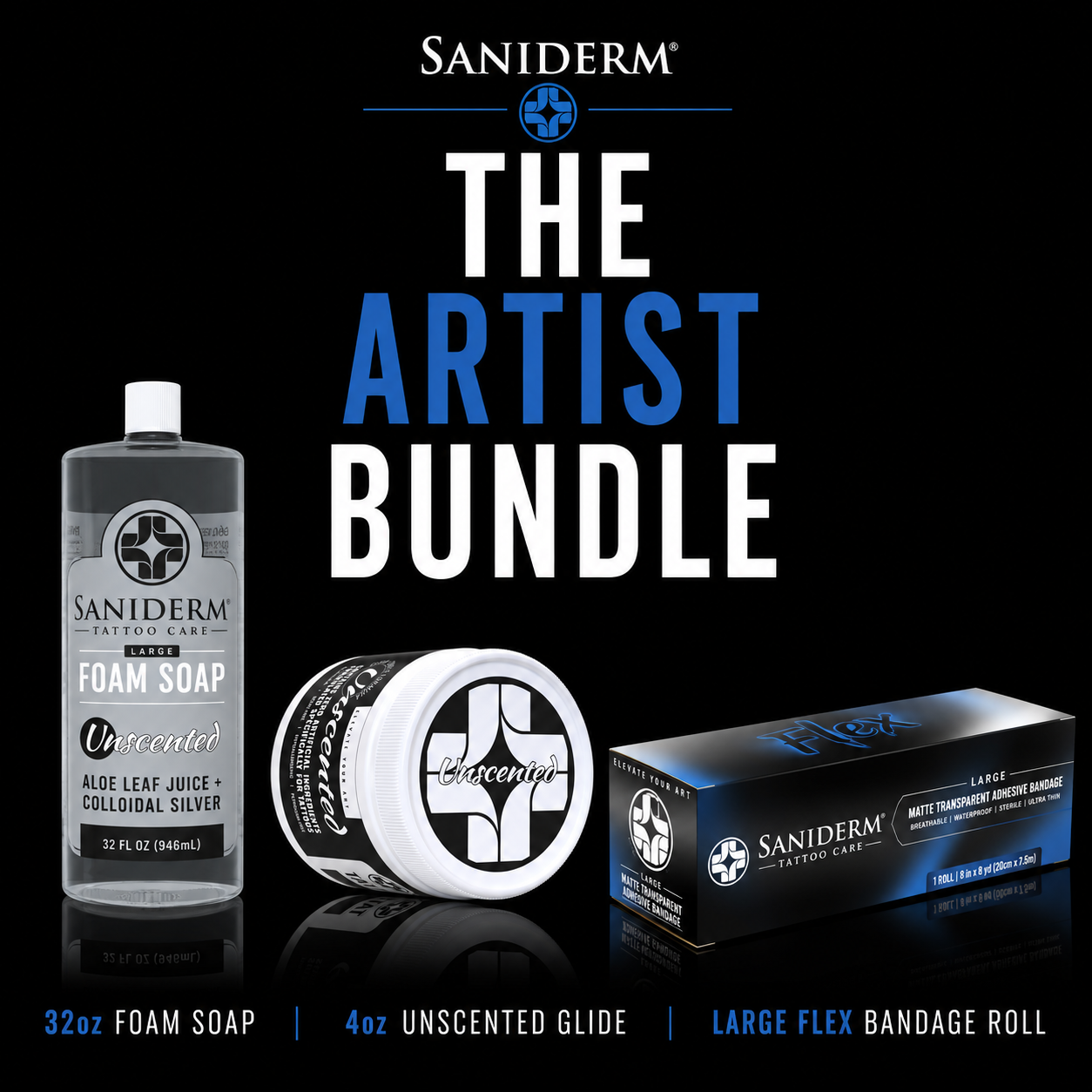 Saniderm Artist Bundle featuring a 32oz foam soap bottle, a 4oz unscented glide jar, and a large flex bandage roll on a black background with promotional text.