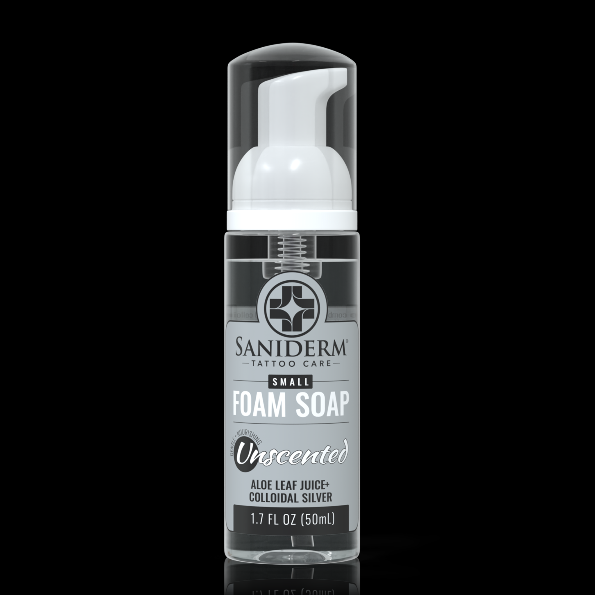 A bottle of Saniderm Tattoo Care Small Foam Soap, Unscented, with a clear cap and white pump dispenser, set against a solid black background.